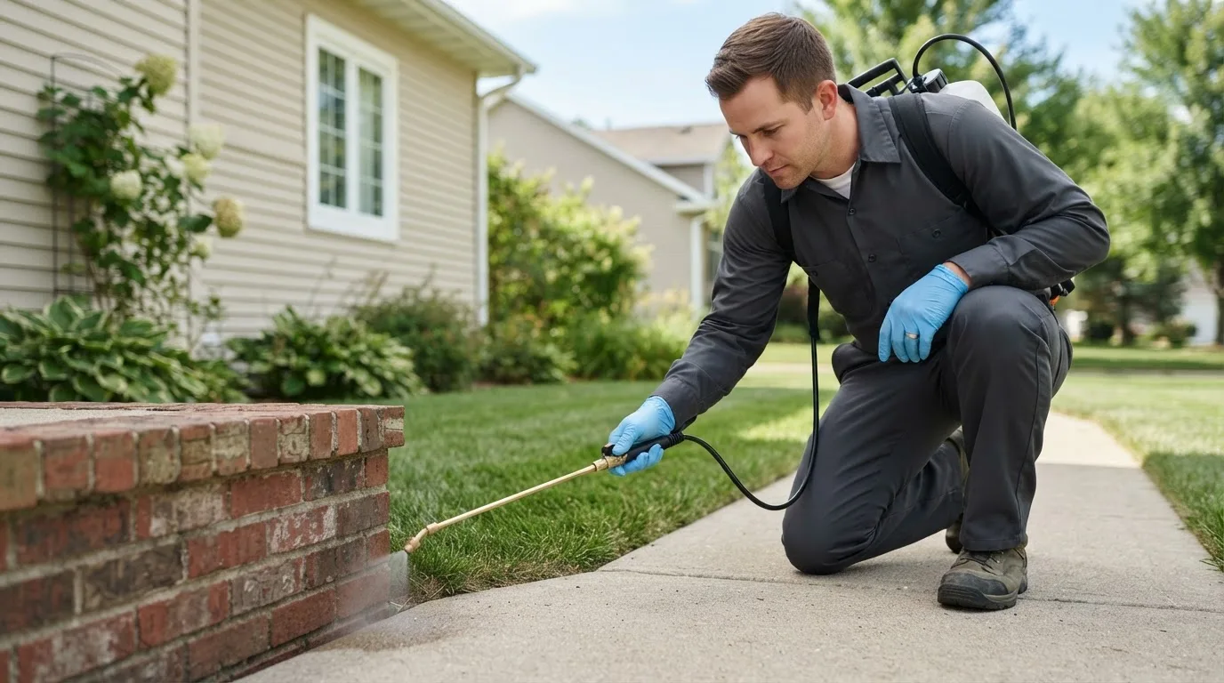 Pest control technician treating a home near Omega, GA