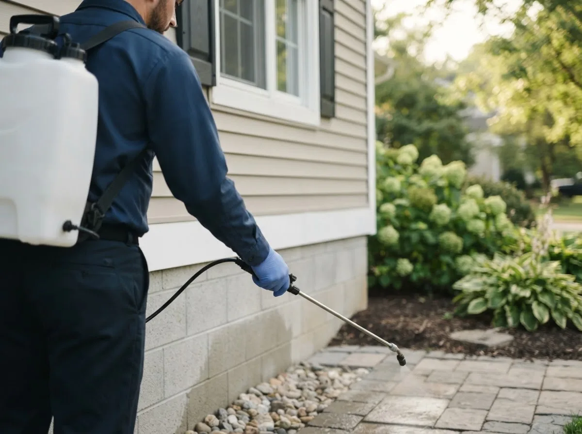 Pest control technician inspecting a home in Omega, GA
